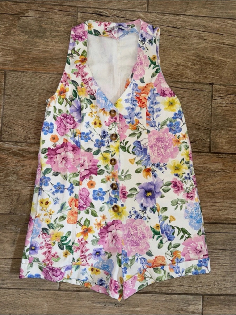 Olivaceous White Floral Button Romper with Pink, Purple & Yellow Blooms